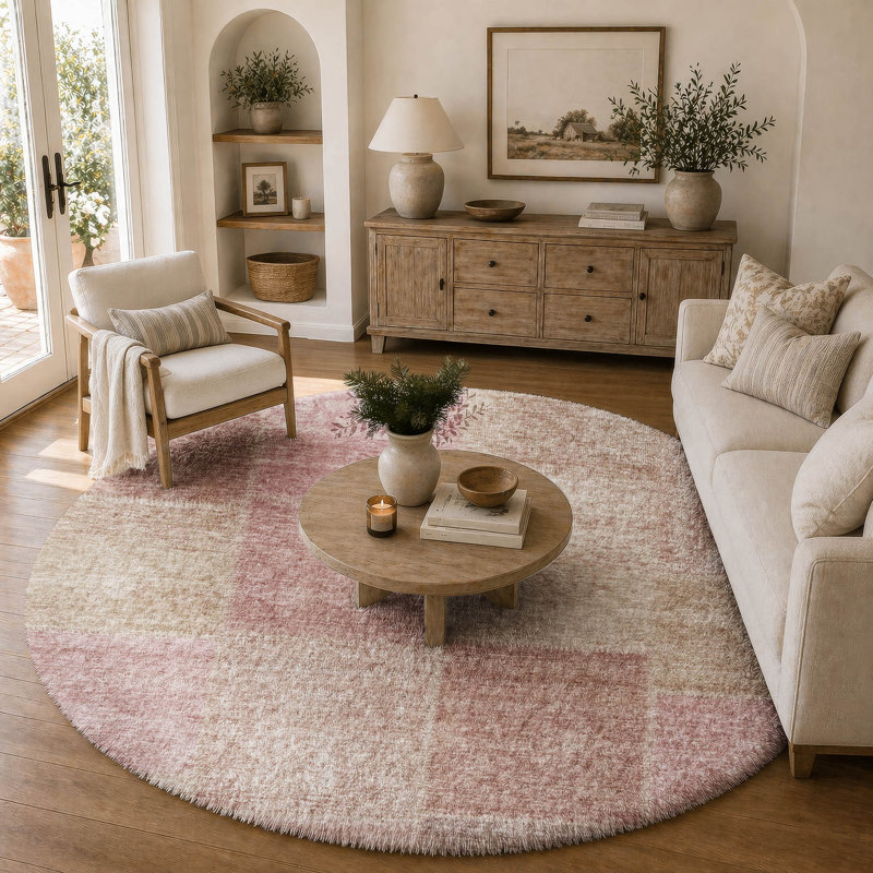 Tapis à poils longs de qualité supérieure lavable à la machine ADS664, Rosé, Rond 8 pi