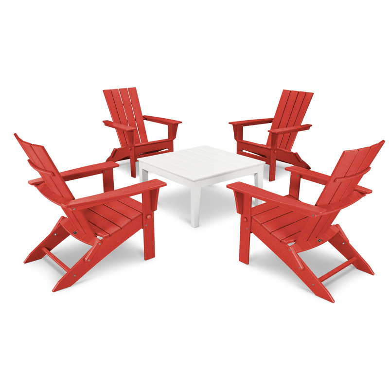 POLYWOOD Quattro Folding Chair 5-Piece Conversation Set, White/Sunset Red