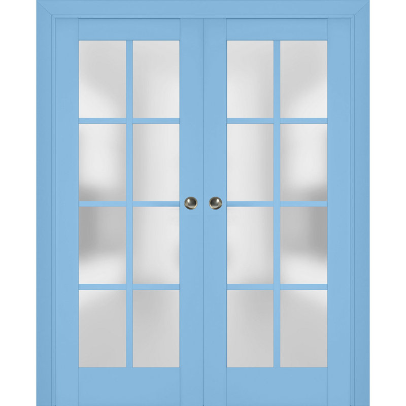 Portes coulissantes françaises doubles à galandage avec verre dépoli Veregio 7412 Aquamarine Ensemble de garnitures, rails et quincaillerie en bois massif pour chambre à coucher intérieure, portes robustes 48" x 96" (2 x 24 x 96)