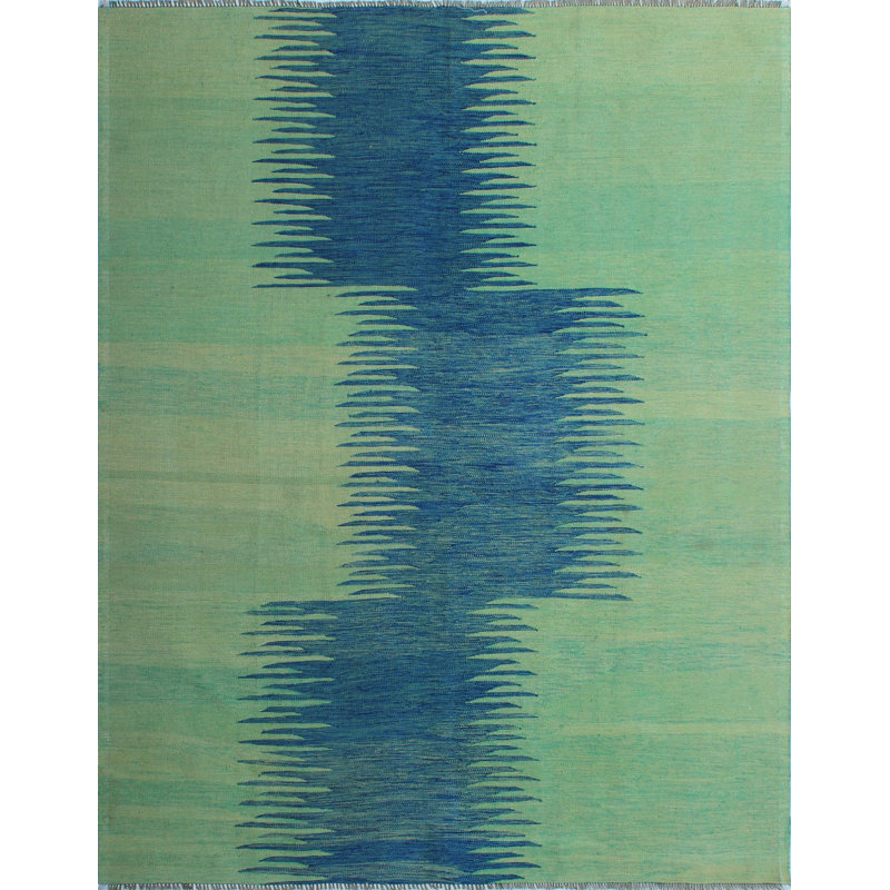 Tapis vert / bleu en laine fait à la main Ames
