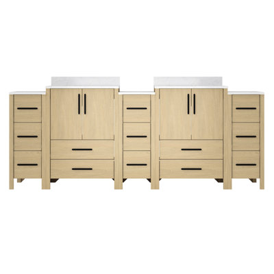 Meuble-lavabo autoportant double vasque de 213 cm (84 po) avec comptoir blanc, panneau à recouvrement, système combinable, rails, installation facile, style minimaliste moderne.