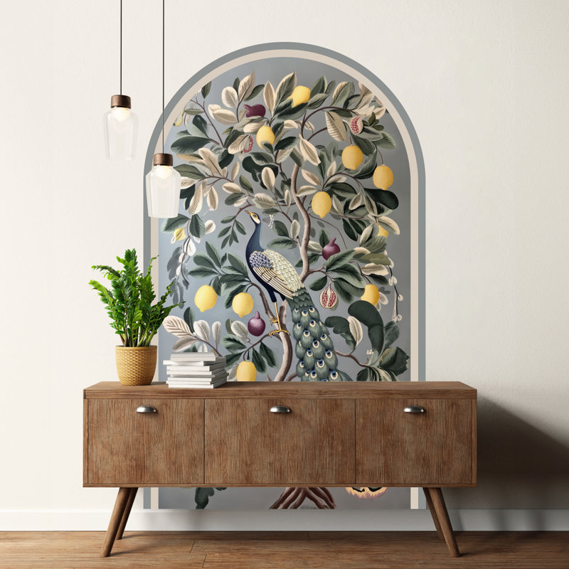 Adhésif décoratif peler et coller Peacock in Lemon & Fig Tree - Papier peint arqué amovible, H 48 po x l 28 po
