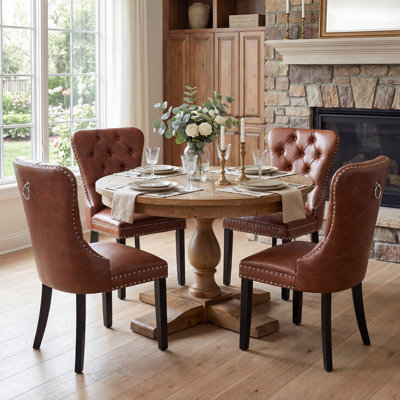 5-Piece Dining Set Mid-Century Modern Round Wooden Table & Upholstered Chair Set For Home, Kitchen, Dining Room