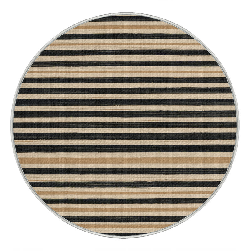 Washable Light Beige Charcoal Striped Area Rug, Round 5'