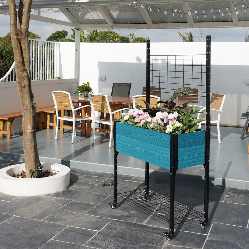 Aged Blue Self-Watering Mobile Elevated Planter with Trellis