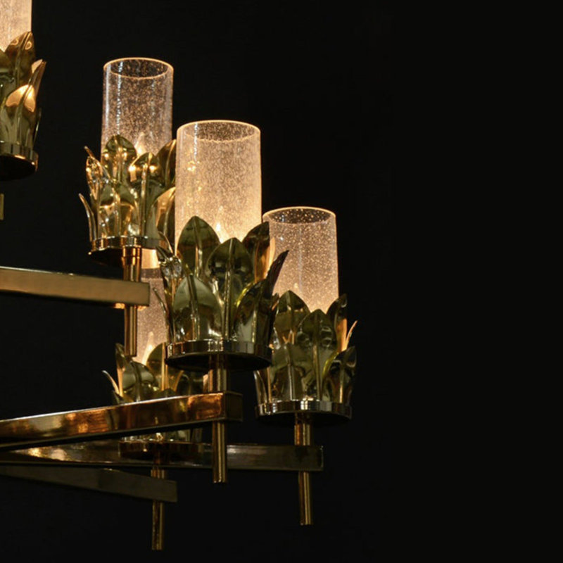 Lustre à 8 lumières, Transparent avec grains, Laiton poli, H 45 po x l 35 po x P 35 po