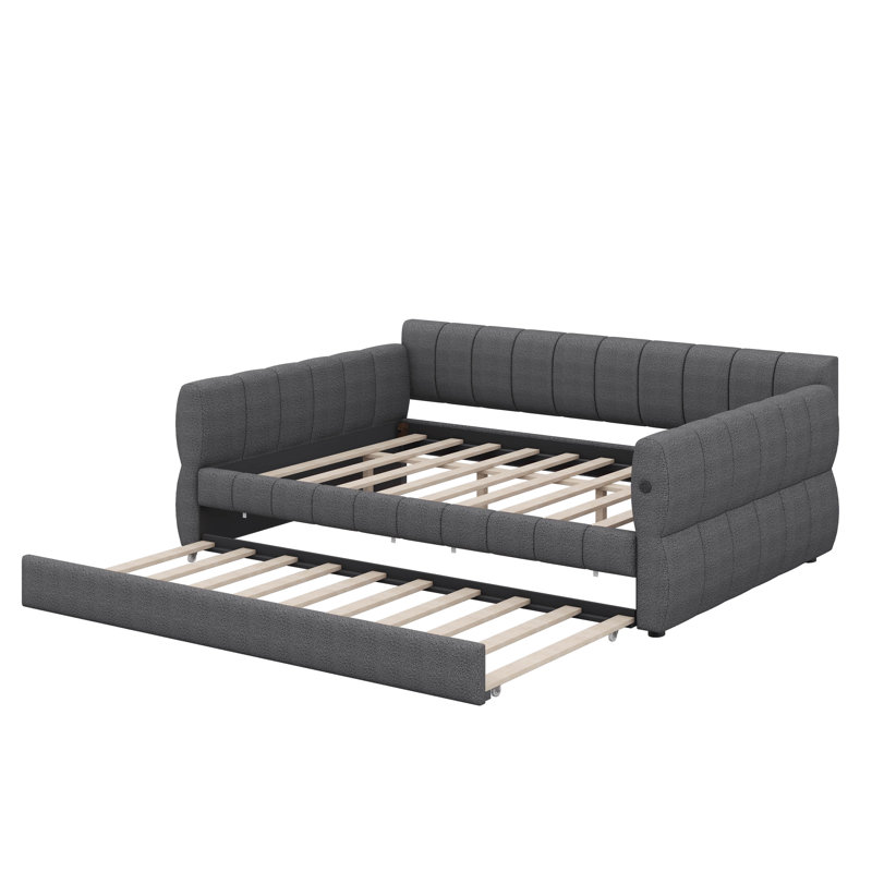 Queen-Size Fabric-Upholstered Platform Bed With Roll-Out Trundle Bed, Gray