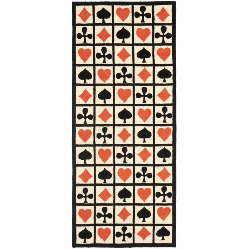 Ivory and Black Wool Poker Design Runner Rug