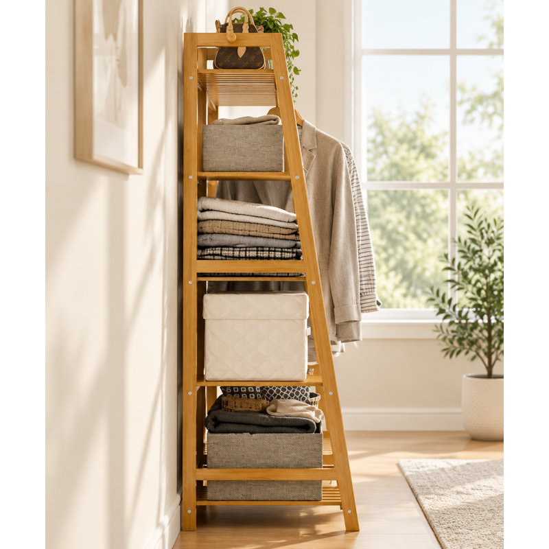 Portant à vêtements en bambou avec tringle, étagères de rangement ouvertes à plusieurs niveaux, organisateur de vêtements autoportant pour chambre ou entrée