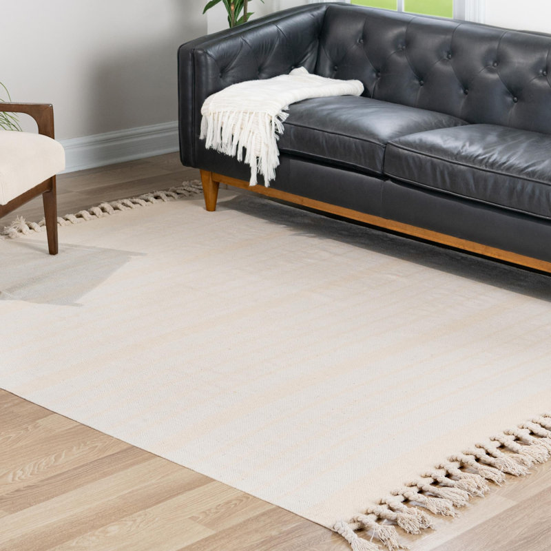 Tapis rayé en coton tissé à plat à la main Izaia, Carré 7 pi 1 po