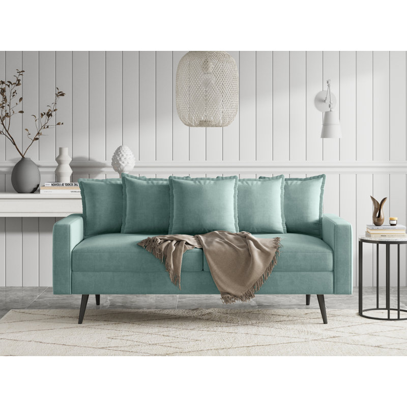 70" Velvet Square Arm Sofa, Aqua Turquoise Velvet, Black