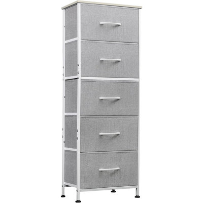 Fabric Dresser, 5-Drawer Tall Dresser For Bedroom, Storage Dresser Organizer With Fabric Bins, Wood Top, Sturdy Steel Frame, Chest Of Drawers For Clos