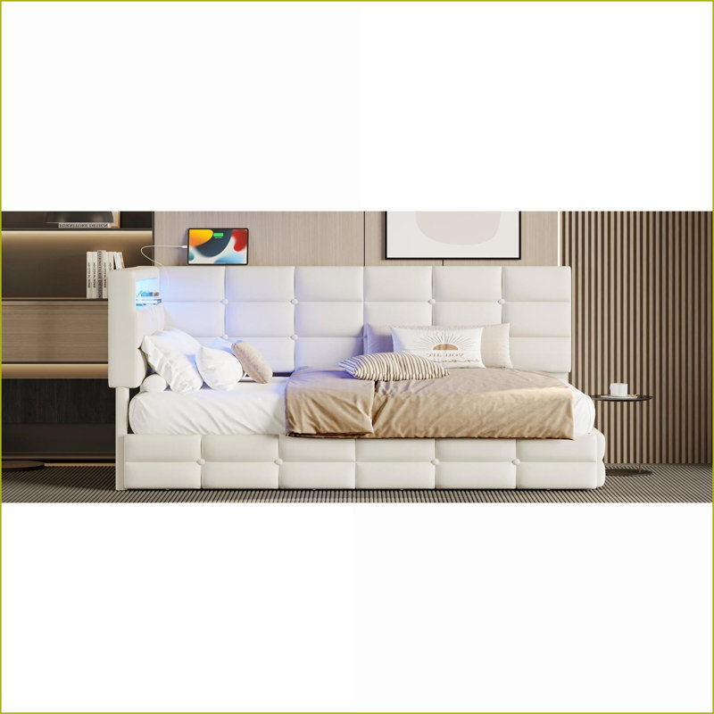 Twin Size Eucalyptus Wood &amp; Iron Storage Daybed with Charging Station LED Lights No Box Spring Beige for Guest Bedroom