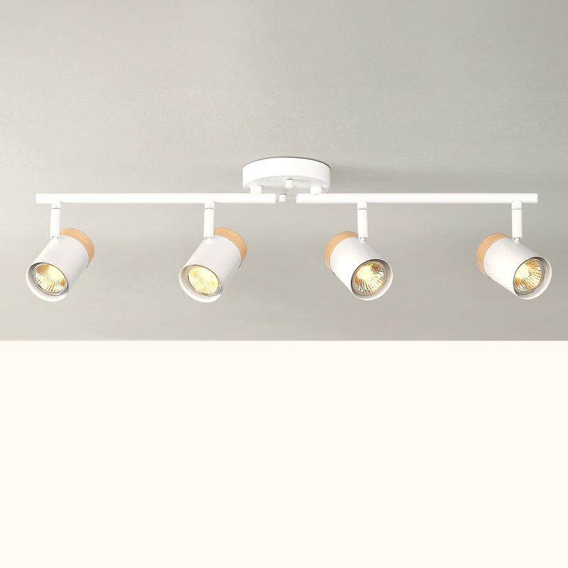 Éclairage sur rail pliable 4 lumières 28 po blanc mat 28 po avec détails décoratifs de ton bois peints à la main et têtes de rail pivotantes