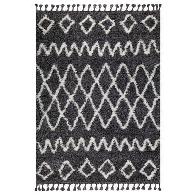 Tapis rectangulaire en polyester tissé à la machine blanc / noir Nobhill