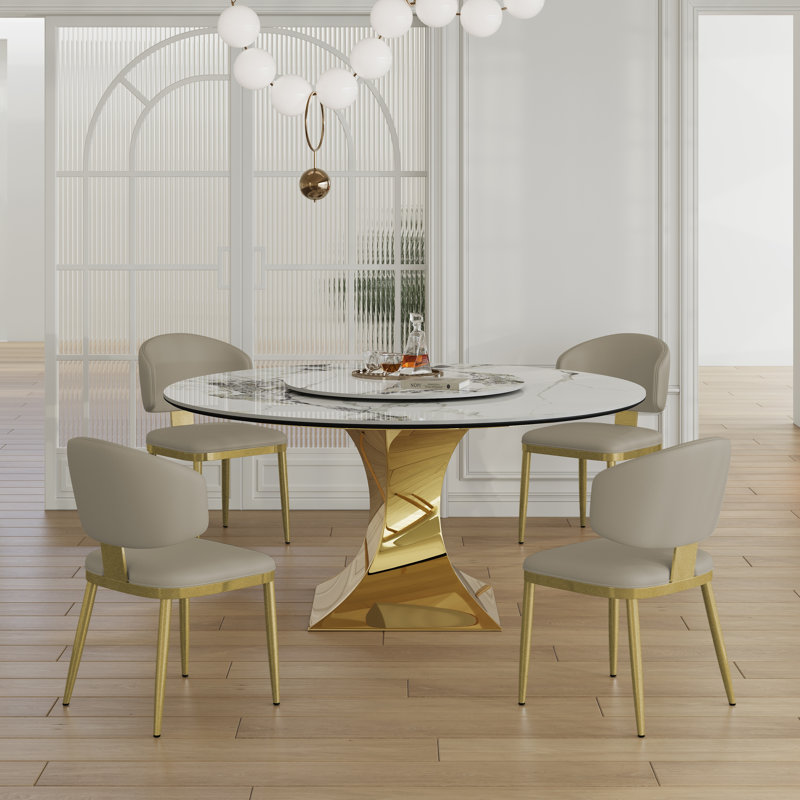 Ensemble de table de salle à manger 59 "en pierre frittée ronde 59" avec base en sablier en acier inoxydable - table de cuisine de luxe moderne d'aspect marbre pour 4 à 6 personnes