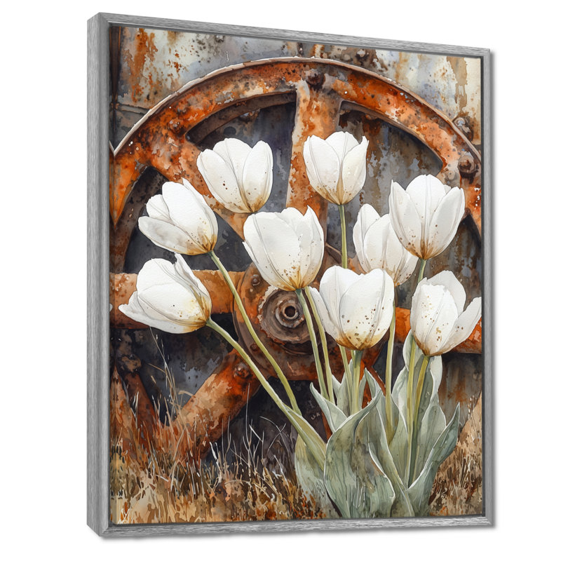 Tulipes par roue de chariot I - Tulipes, art mural, H 44 po x l 34 po, Reproduction avec cadre flottant, Argent argent