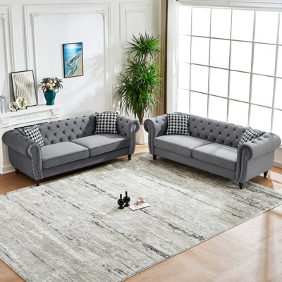 Velours gris 3 + 3 places, canapé Mid-Century moderne pour le salon, avec fabrication en bois franc, accoudoirs roulés avec ressorts de soutien, espace principal design, structure stable,