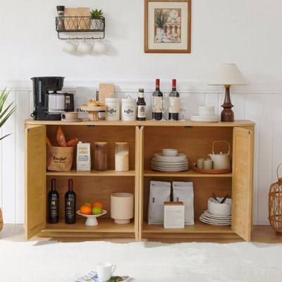 Meuble télé 64 po en forme de vague, buffet de coin arrondi, armoire à rayures verticales en bois avec portes en rotin