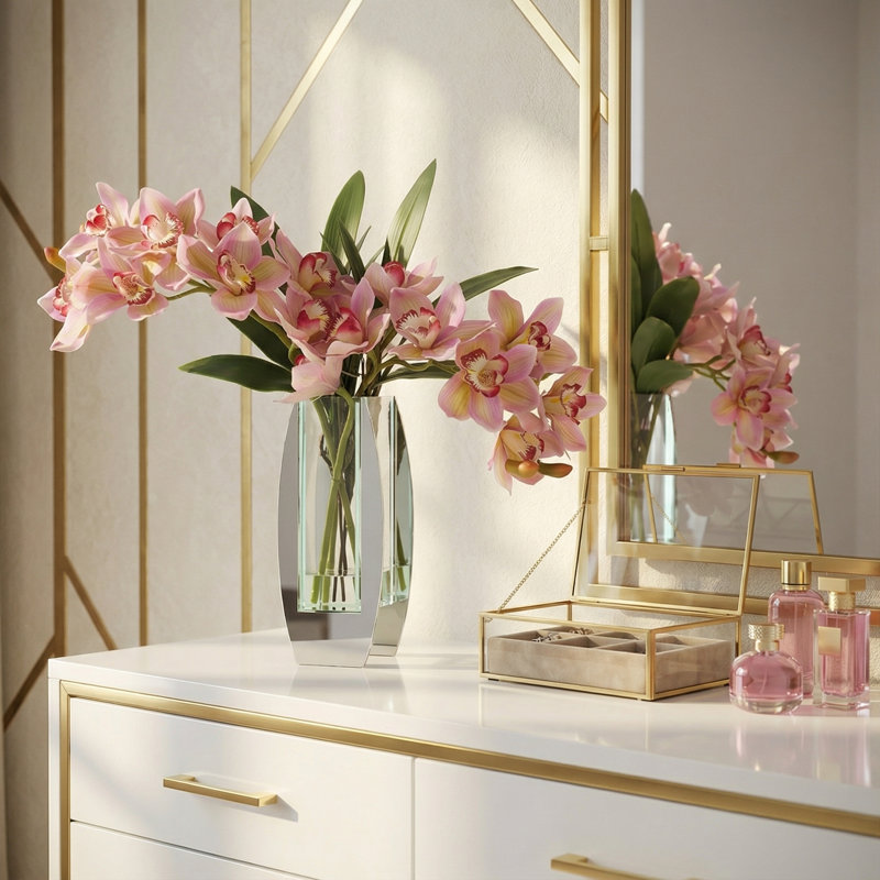 Arrangement d'orchidées dans un vase miroir, Rose