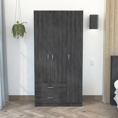 Ferrante Armoire with Three Drawers, Five Shelves and Hanging Rod, Modern Bedroom Storage