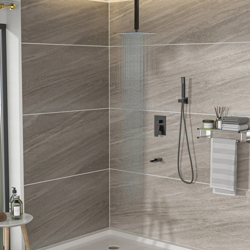Système de douche avec bec de baignoire cascade - Montage plafond 30 cm (12 po) - Bronze huilé - Robinet d'équilibrage - 3 fonctions pluie et douchette - Installation simple - Entretien hygiénique - Montage 30 cm (12 po) - Robinet d'équilibrage