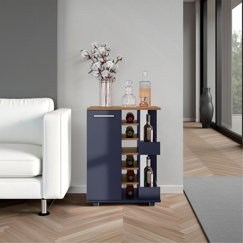 Bar Cart, Two External Shelves, Four Casters, Six Built-In Wine Rack, Single Door Cabinet, Natural/Navy Blue