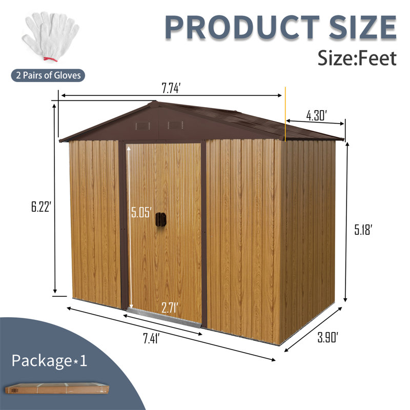 Remise de rangement extérieure en métal 8 pi x 4 pi avec porte coulissante et fondation pour cour arrière, Café