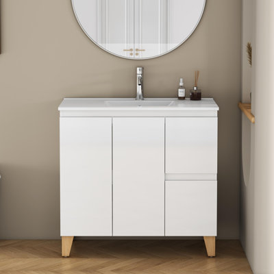 Ensemble de meuble-lavabo moderne avec lavabo, meuble-lavabo avec portes et tiroir, système anti-égratignure, conception sans poignée, pieds en bois massif naturel, lavabo en céramique, assemblage facile, blanc brillant