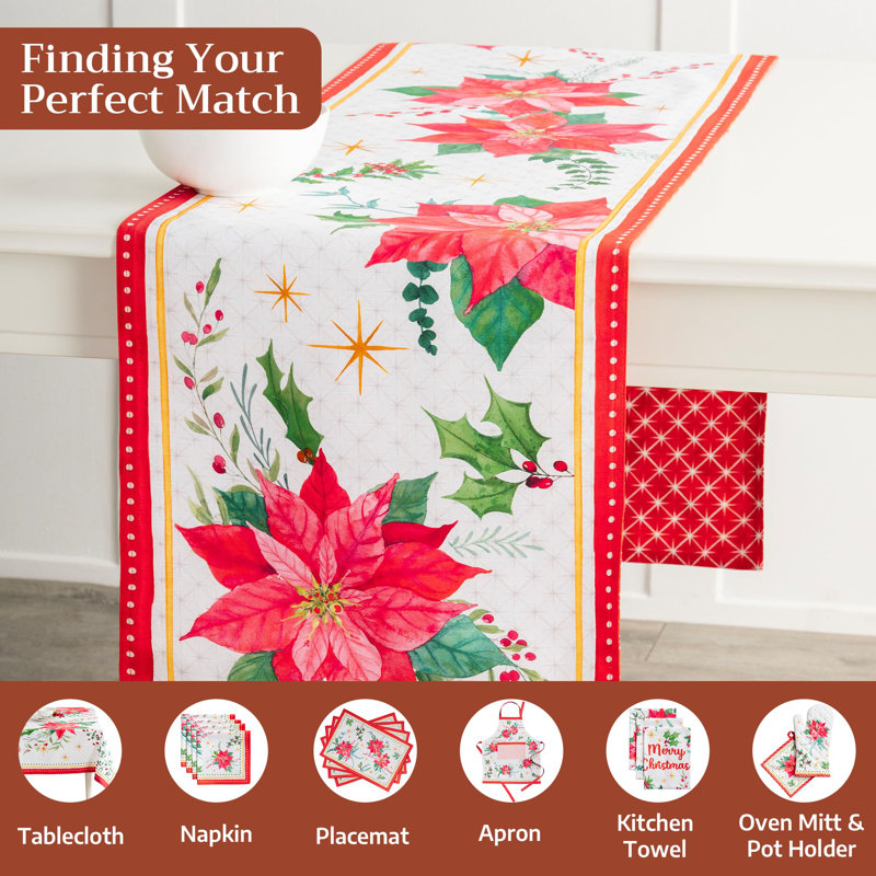 Maison d' Hermine Table runner 100% Cotton Double Layer Table Runners 108 inches long for Thanksgiving Christmas Decorations Home Kitchen Dining Party Wedding (Poinsettia Christmas, 14.5" x 108")