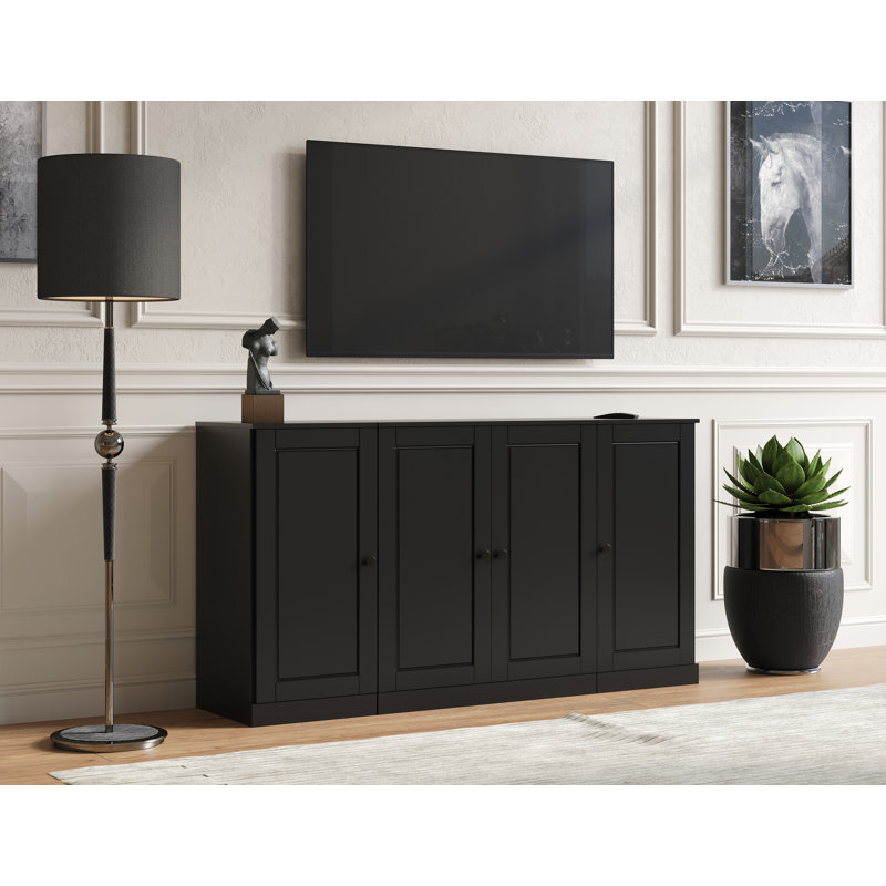 Meuble télé 100% bois massif, console de 65 po de large avec portes à panneau surélevé et rangement, Noir