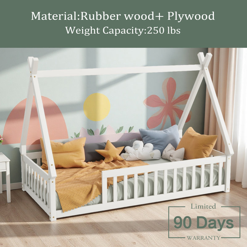Tent-Shaped Floor Bed,Teepee Bed With Guardrails,Slats, White