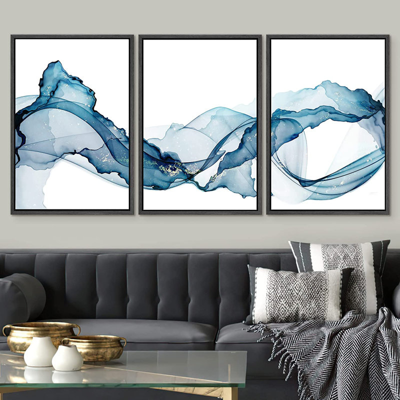 «Vibrant Pastel Smoke Waves Abstract Landscape Minimalist Wall Art», ensemble de 3 toiles encadrées, H 36 po x l 72 po, Noir