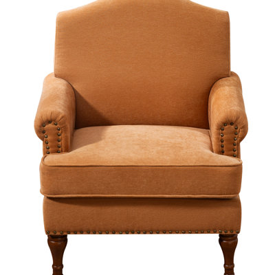 Chaise brune pour l'espace de vie. . Pieds en bois. Confortable. Supporte une pièce confortable de 300 lb. Tissu. Coussins à ressorts. Bois. Brun. Prises
