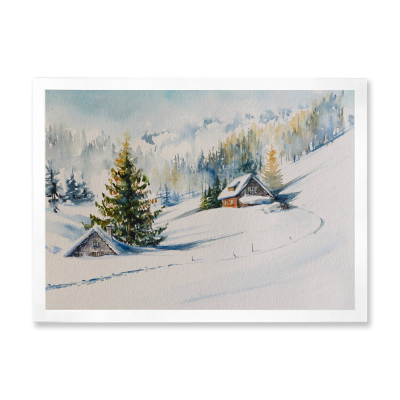 Petite maison dans les montagnes d'hiver - Peinture sur toile, H 12 po x l 20 po x P 1,5 po, Toile blanche encadrée
