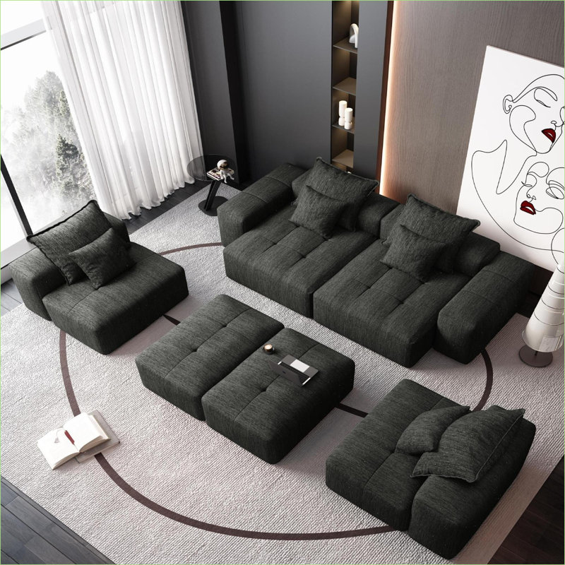 Canapés modulaires | Moderne surdimensionné 8 pièces modulaire pour le salon, sans assemblage, 8 coussins en chenille scintillante | Noir | Mousse et ressort