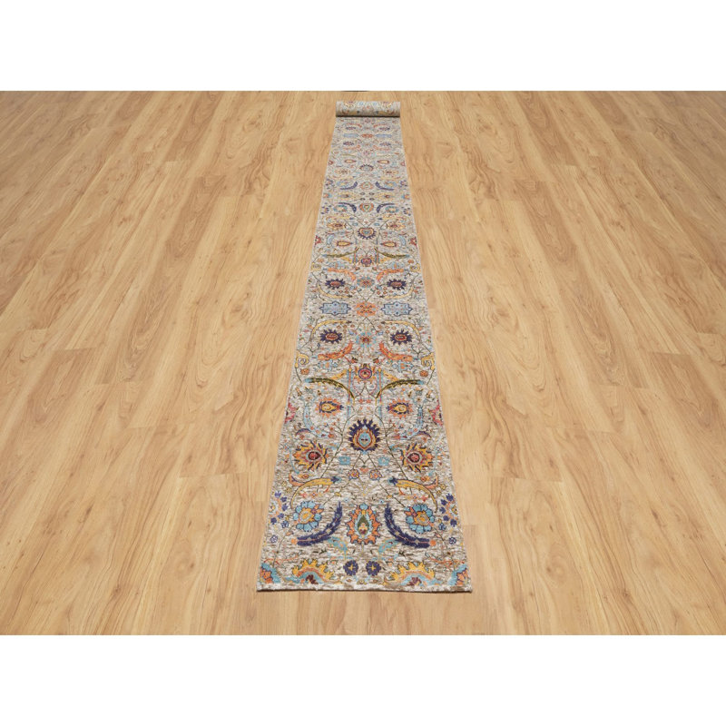 Tapis de couloir blanc en laine et en soie noué à la main 2 pi 7 po x 23 pi 10 po XL 452E2433CC3D4FC2951FE199B0AD7023
