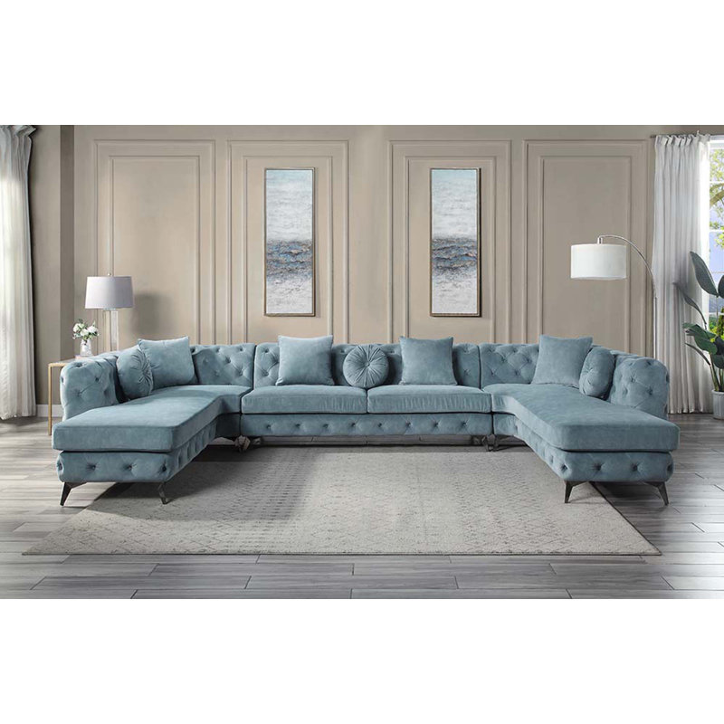 Dusty Blue Fabric Tufted U-Shaped Sectional with Metal Legs