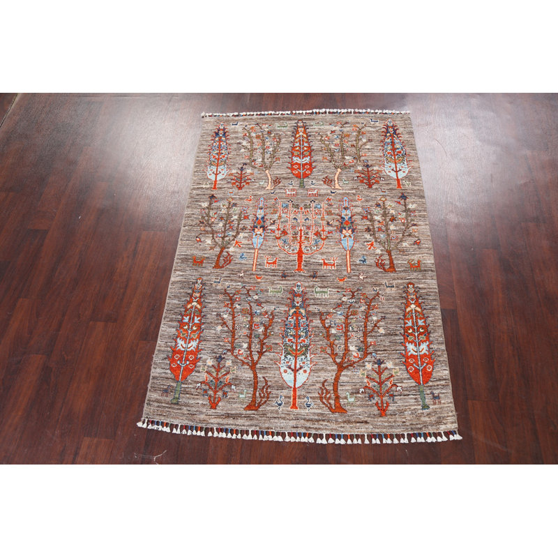 Tapis gris en laine noué à la main de conception unique 4 pi 1 po x 5 pi 10 po Lunda