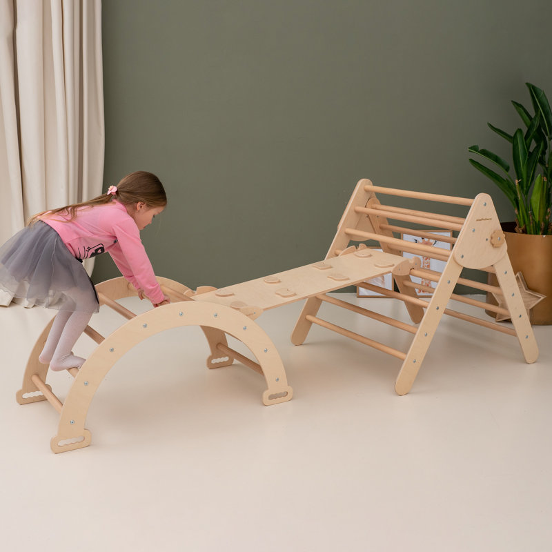 Natural Wood Montessori Climbing Set with Slide and Arch