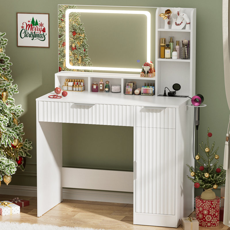  Bureau de maquillage avec miroir, lumières et station de charge, Blanc