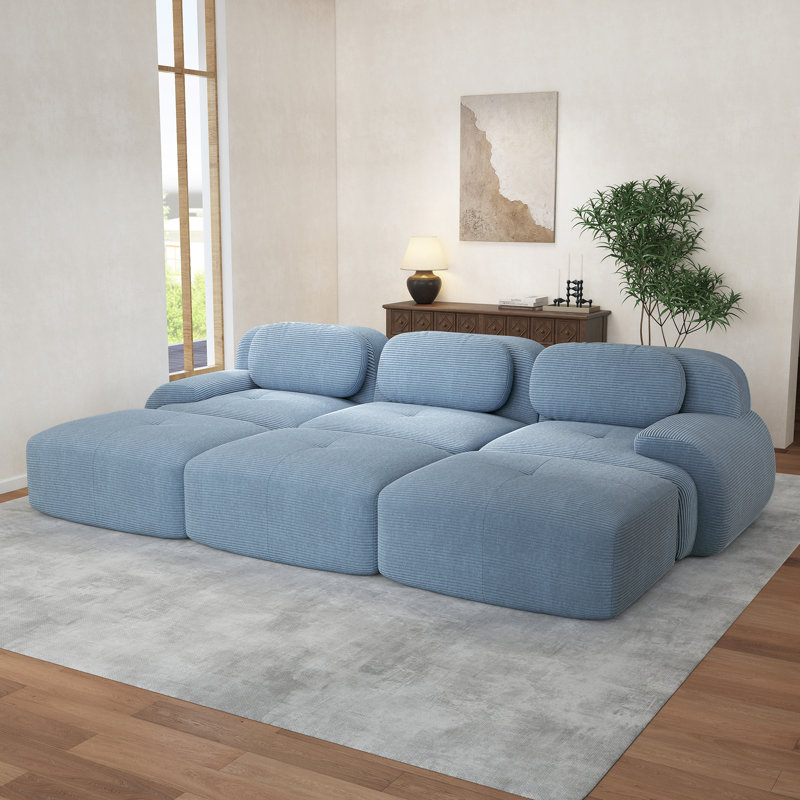 Boneless Three-Seat Modular Sofa With 3 Ottomans Corduroy Fabric 32D High-Resilience Sponge Living Rooms Media Rooms