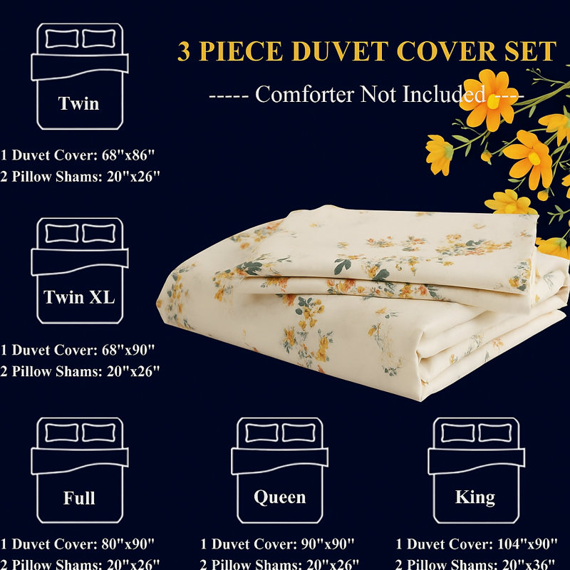 Cotton Floral Duvet Cover Set, King Duvet Cover + 2 Standard Shams, Teal Floral