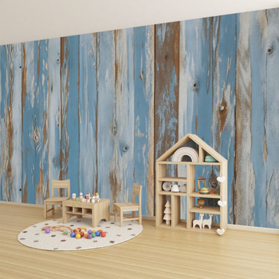 Peel and Stick Wallpaper Rustic Weathered Wood Planks Blue Brown Distressed Texture Wall Murals 69"H x 96"W Removable PVC Wall Paper Self-Adhesive Wall Decor for Bedroom Living Room Nursery