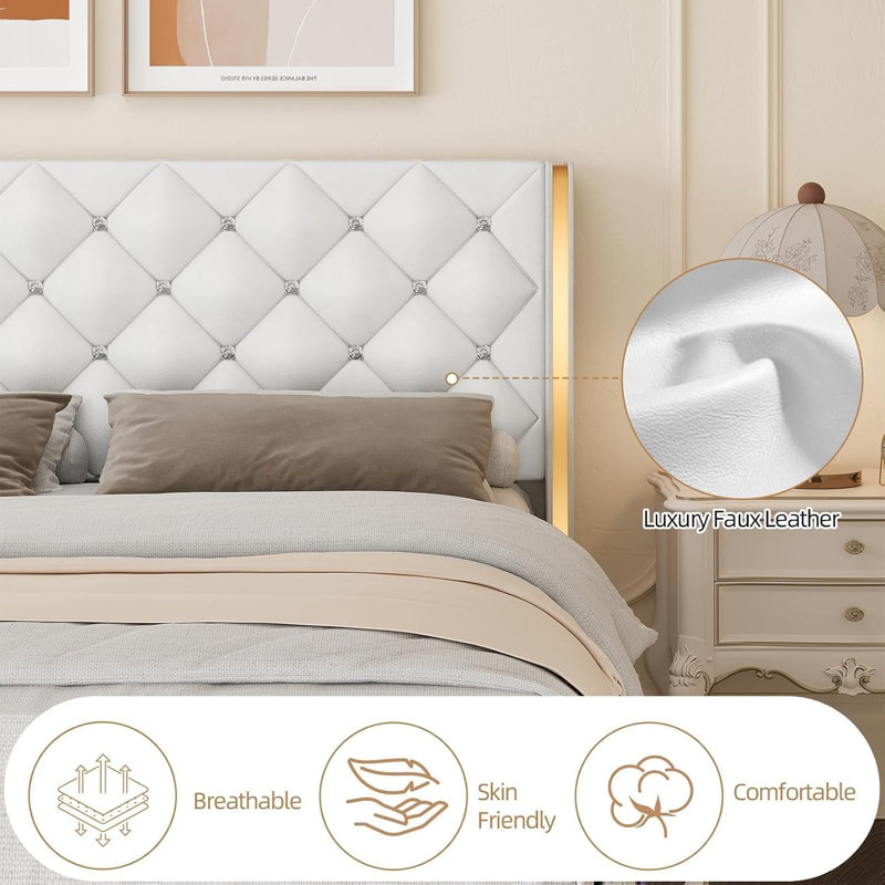Ensemble de lit 3 pièces en cuir PU ou en velours et table de chevet DEL, Blanc, Grand lit