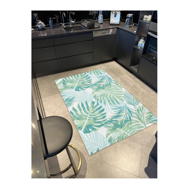 Tapis vert lavable feuille verte et base tissée bleue, Tapis de couloir 3 pi 3 po x 9 pi 10 po