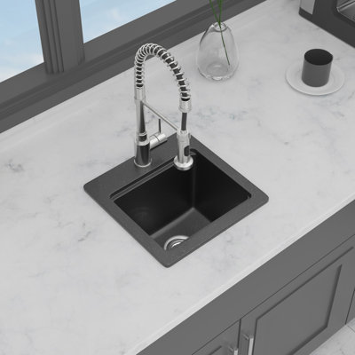 15" Topmount Quartz Composite Workstation Bar Sink, Black Granite Single Bowl With Accessories
