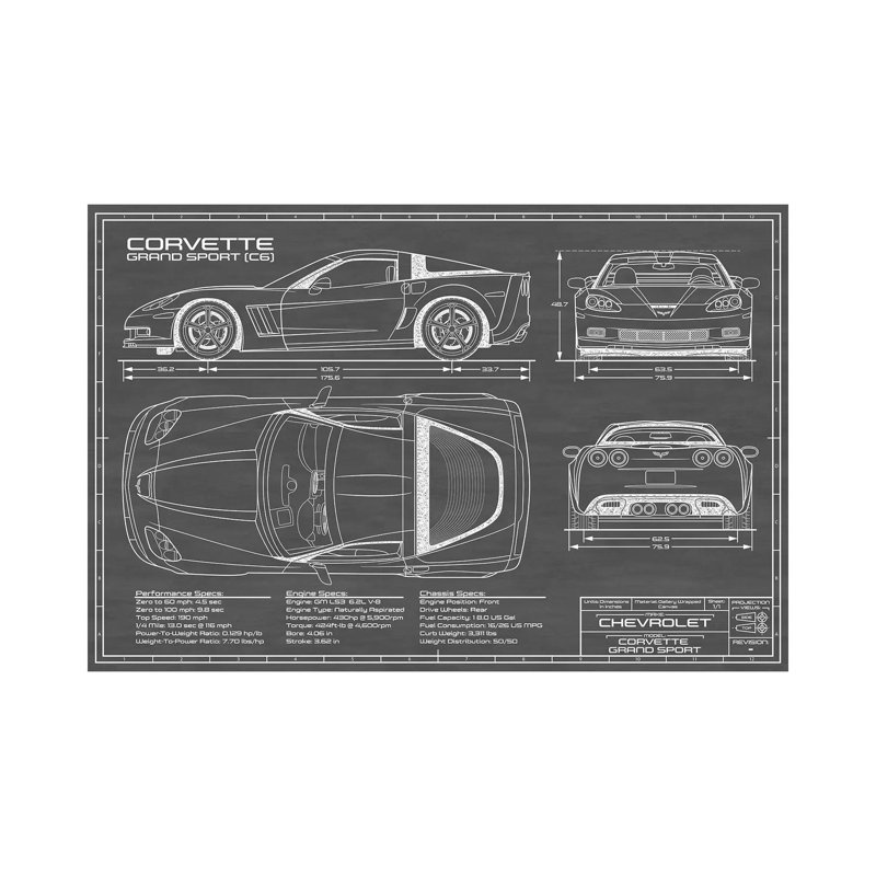 Corvette (C6) Grand Sport, noir par Action Blueprints - impression sur toile tendue, H 40 po x l 60 po x 1,5 po