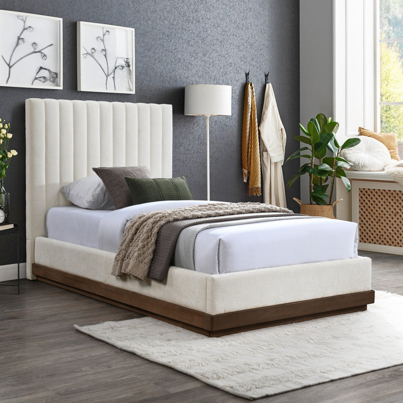 Emmet Chenille Fabric Bed, Twin, Cream Chenille Fabric / Natural Oak
