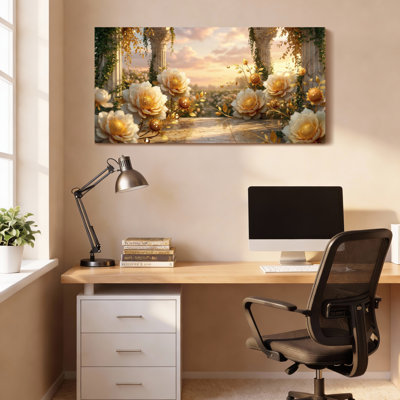 Roses dorées et colonnes classiques, reproduction d'art sur toile tendue sur toile, ensemble de 1